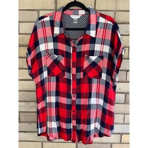 Christopher & Banks Red White Blue Check Plaid Short Slv Button Front Shirt XL